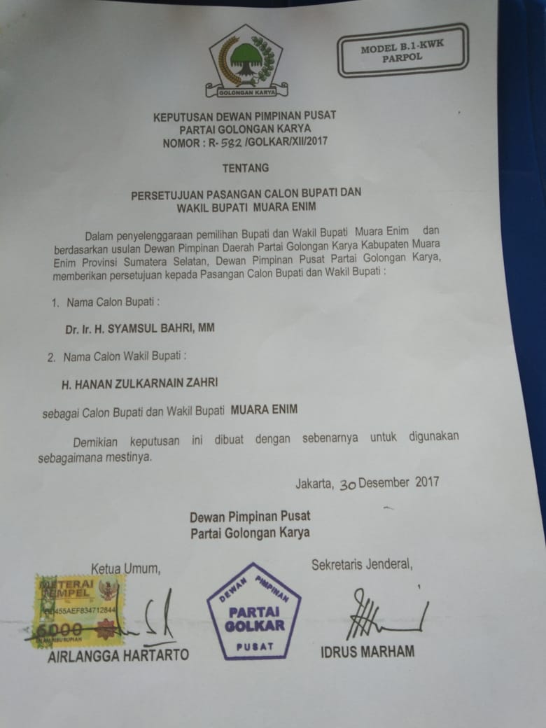 DPD Golkar Muara Enim Tetap Dukung ke Paslon SBH